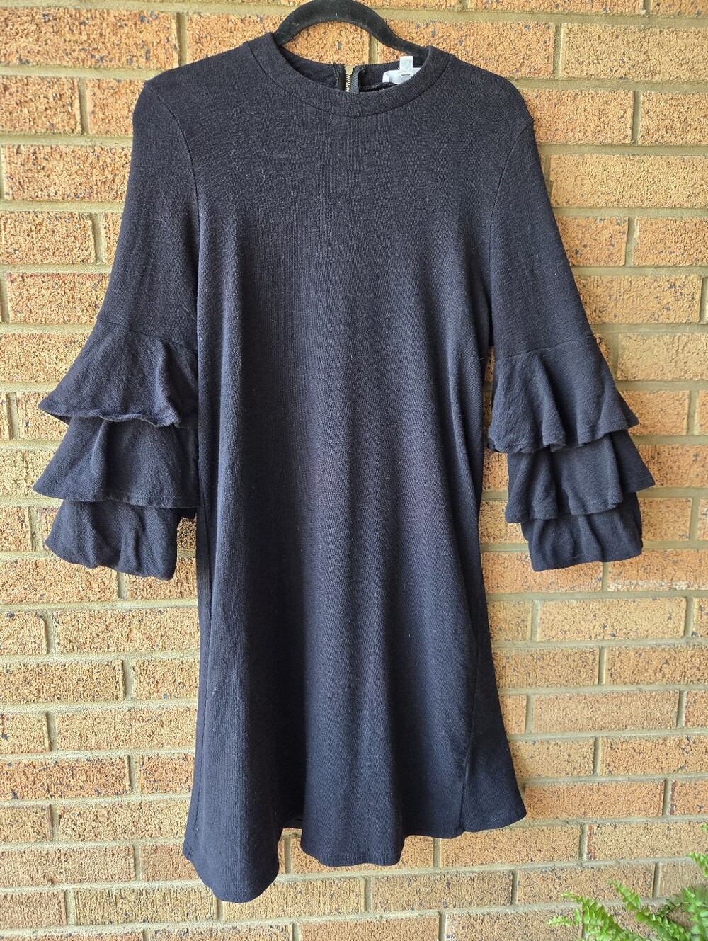 Downeast Black Tiered Ruffle Bell Sleeve Shift Dress XL Made in USA